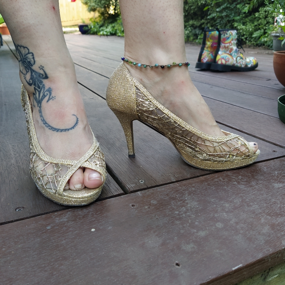 Gold Glitter & Beaded Heels